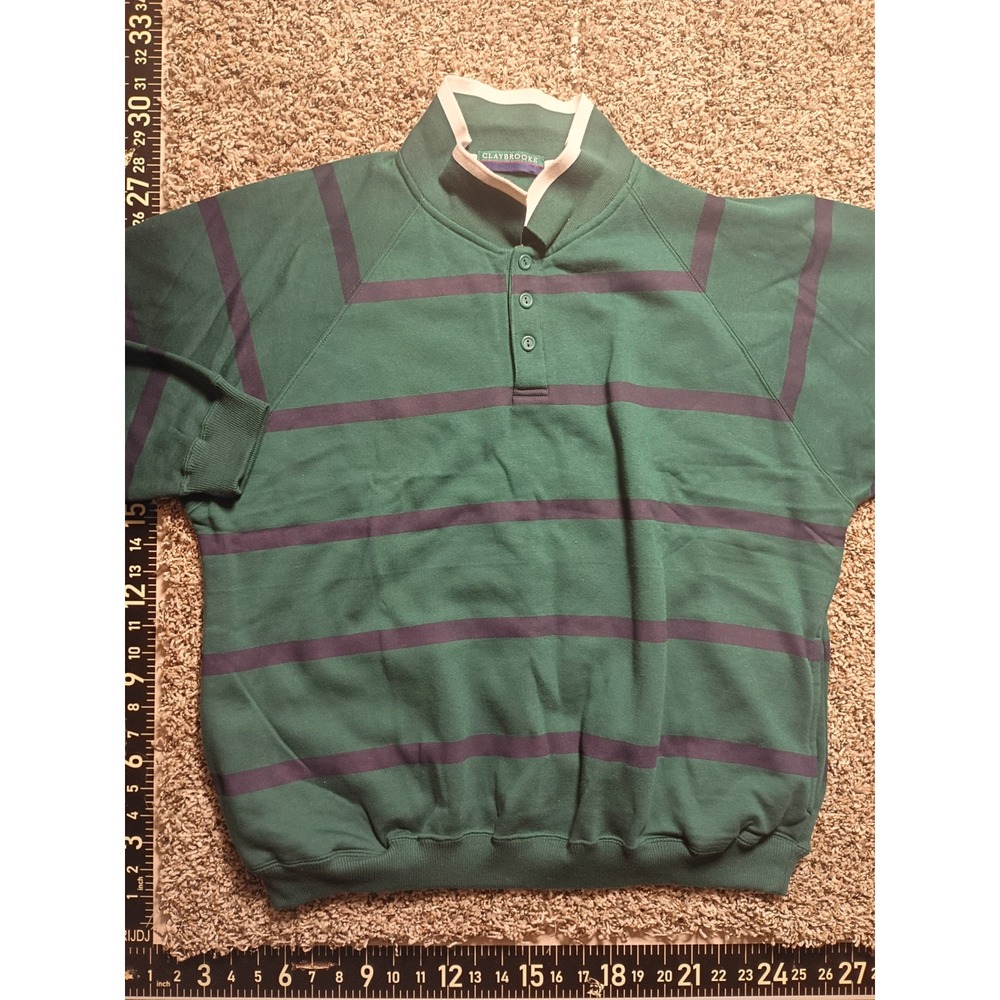 Claybrooke Mens XL Striped Button Mock Neck Sweatshirt Green Navy Vintage Style